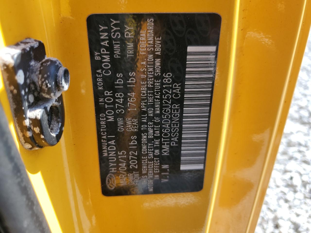 2016 Hyundai Veloster VIN KMHTC6AD5GU252186 Copart auction photo, rear end / front end damage thumbnail 15