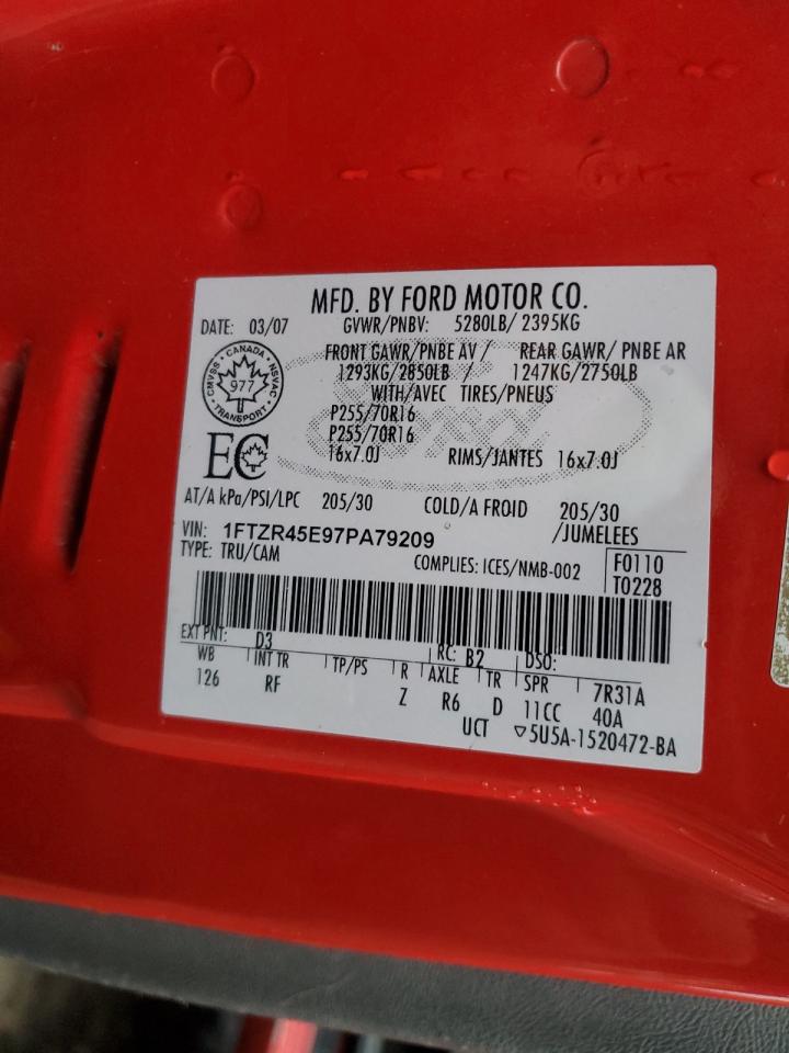 2007 Ford Ranger VIN 1FTZR45E97PA79209 Copart auction photo, rear end / side damage thumbnail 13