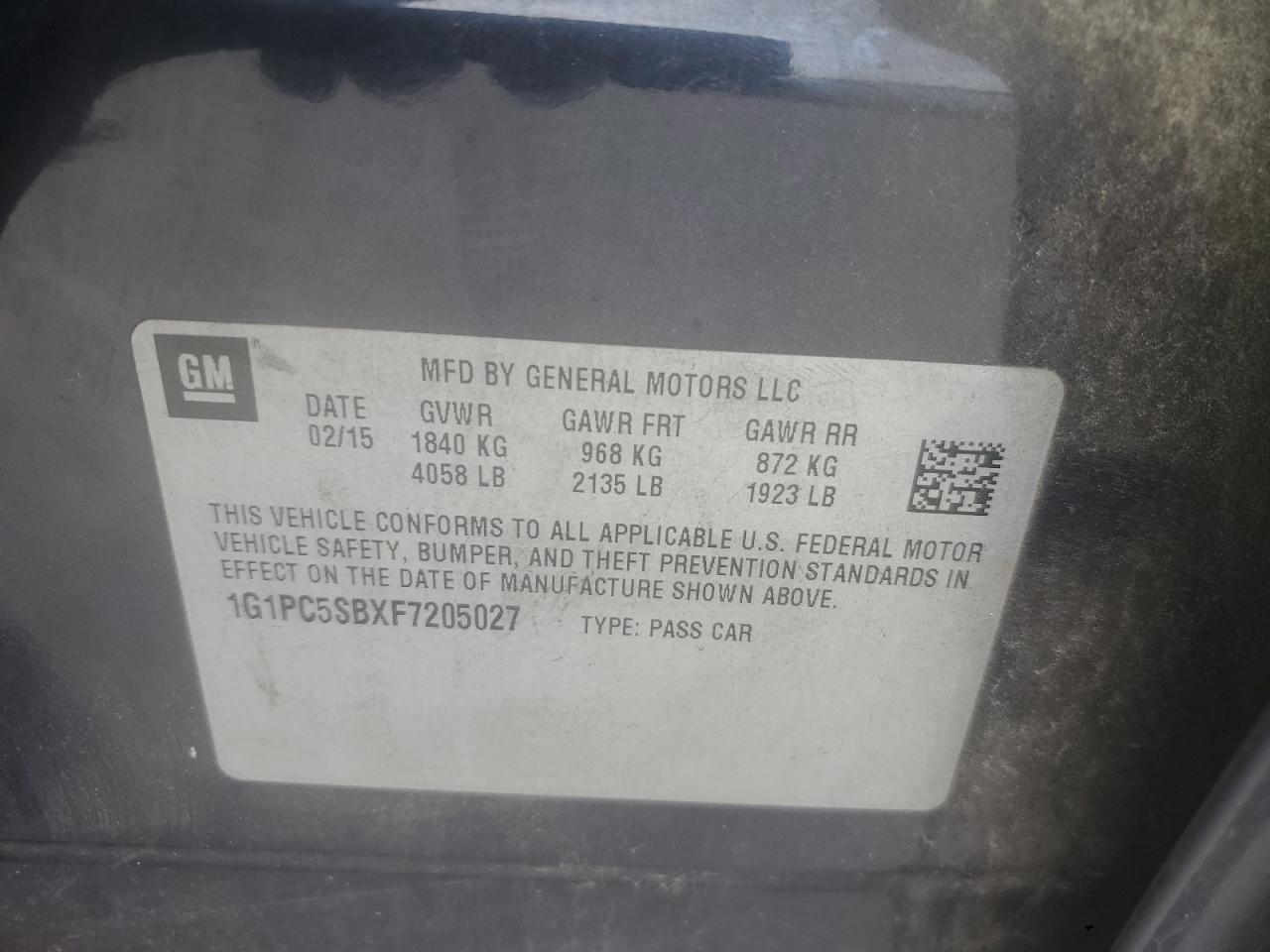 2015 Chevrolet Cruze VIN 1G1PC5SBXF7205027 Copart auction photo, all over damage thumbnail 12