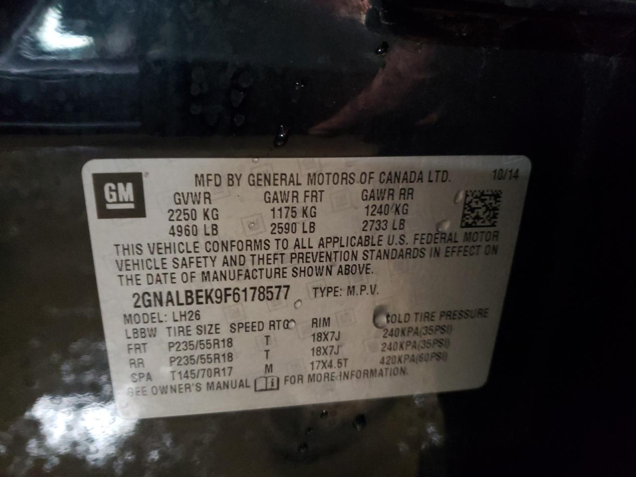 2015 Chevrolet Equinox VIN 2GNALBEK9F6178577 Copart auction photo, front end damage thumbnail 12