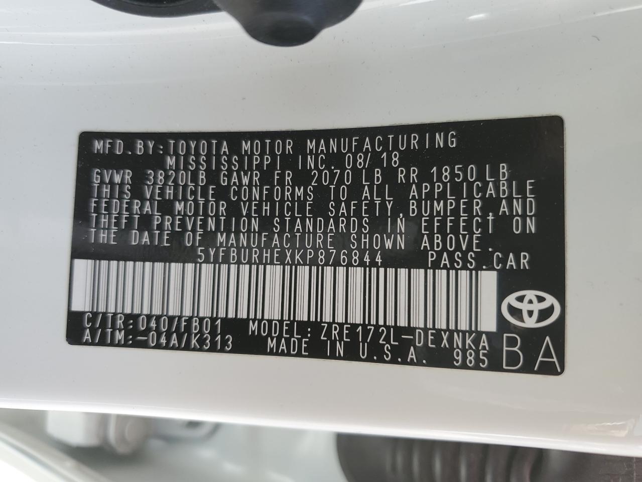 2019 Toyota Corolla VIN 5YFBURHEXKP876844 Copart auction photo, front end damage thumbnail 14