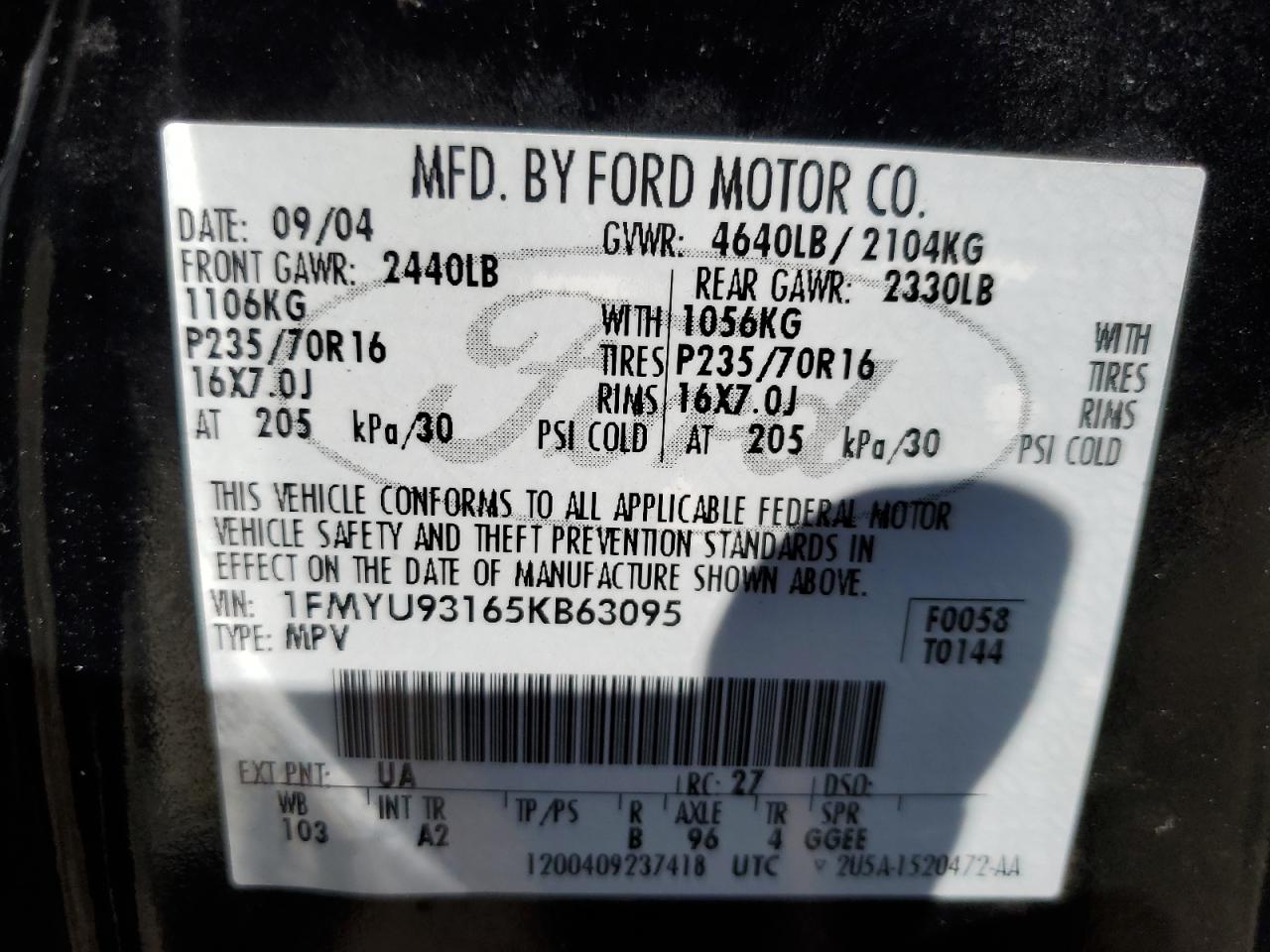 2005 Ford Escape VIN 1FMYU93165KB63095 Copart auction photo, front end / undercarriage damage thumbnail 15