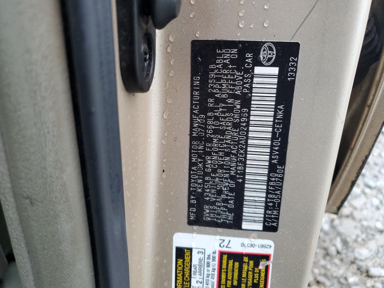2010 Toyota Camry VIN 4T1BF3EK2AU024969 Copart auction photo, side / minor dent/scratches damage thumbnail 12