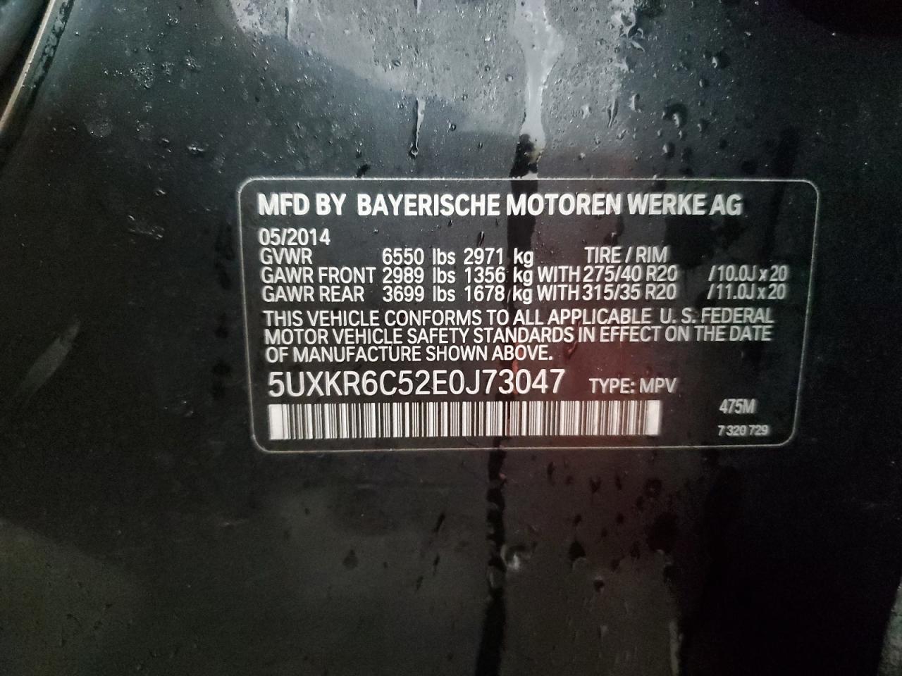2014 BMW X5 VIN 5UXKR6C52E0J73047 Copart auction photo, front end damage thumbnail 14