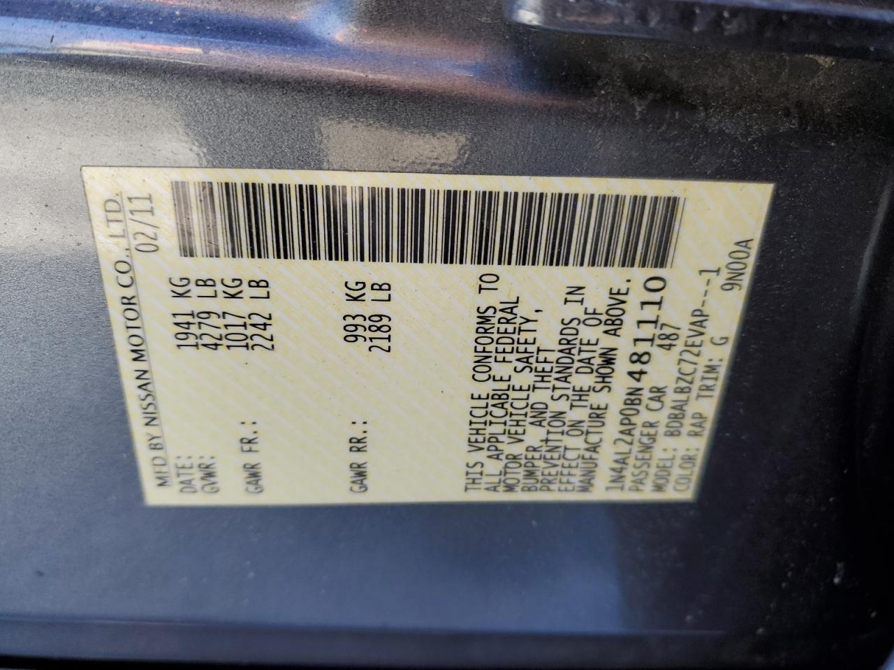 2011 Nissan Altima VIN 1N4AL2AP0BN481110 Copart auction photo, rear end / front end damage thumbnail 12
