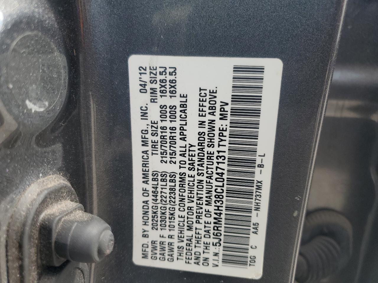 2012 Honda CR-V VIN 5J6RM4H38CL047131 Copart auction photo, hail damage thumbnail 13