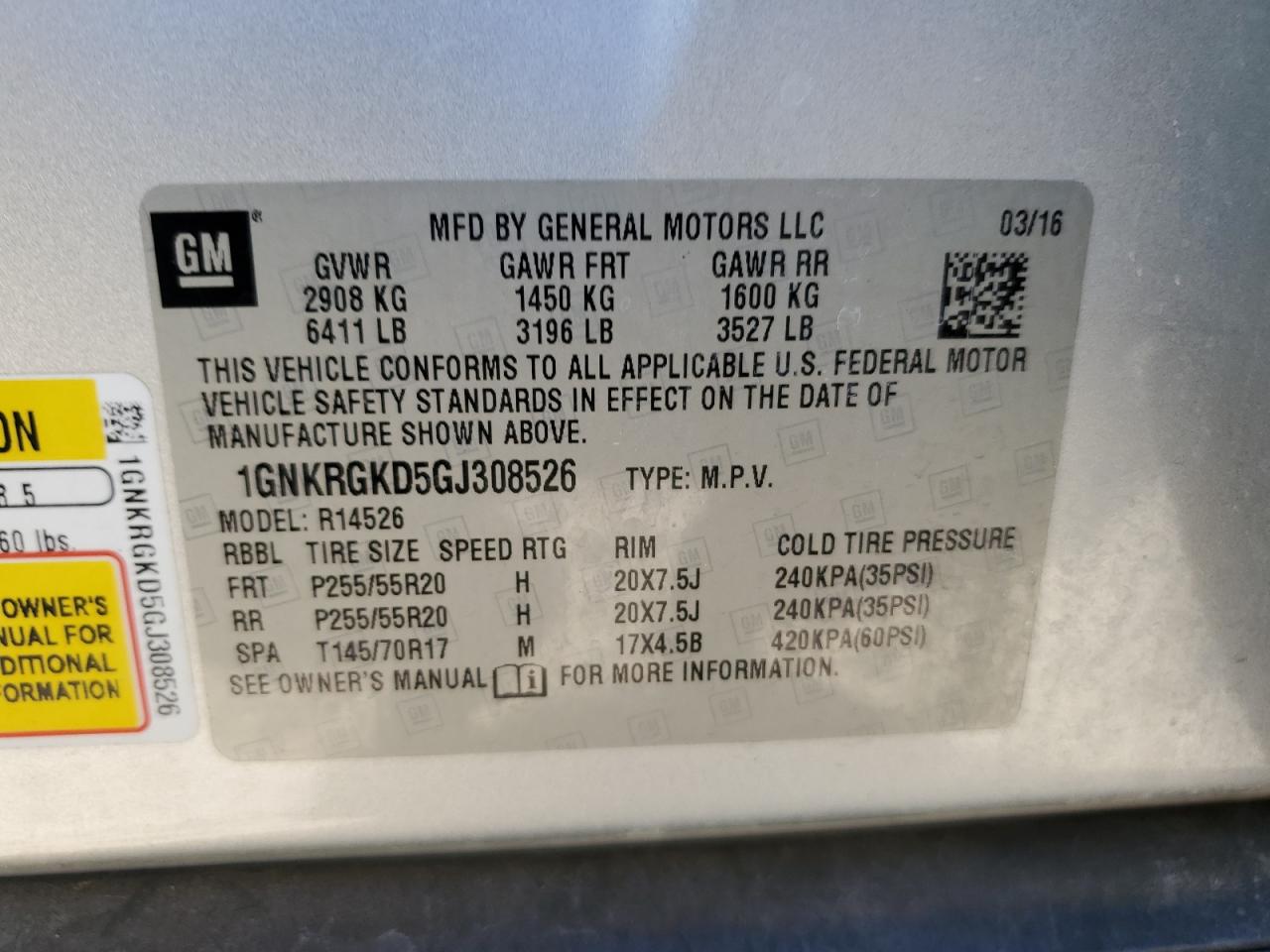 2016 Chevrolet Traverse VIN 1GNKRGKD5GJ308526 Copart auction photo, rear end / minor dent/scratches damage thumbnail 14