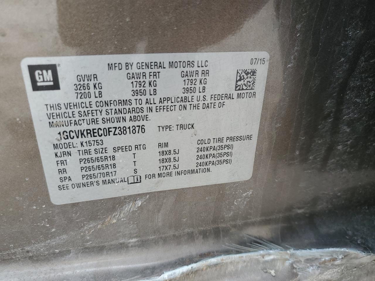 2015 Chevrolet Silverado VIN 1GCVKREC0FZ381876 Copart auction photo, side / front end damage thumbnail 15