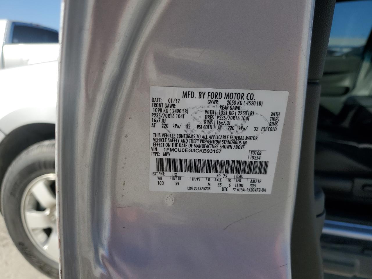 2012 Ford Escape VIN 1FMCU0EG3CKB93157 Copart auction photo, front end damage thumbnail 13