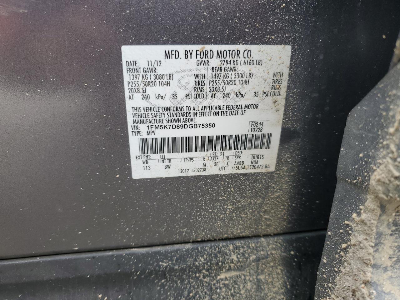 2013 Ford Explorer VIN 1FM5K7D89DGB75350 Copart auction photo, front end / side damage thumbnail 13