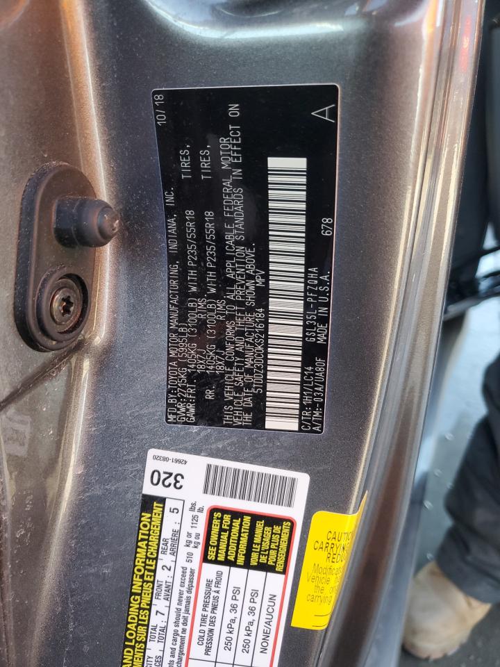 2019 Toyota Sienna VIN 5TDDZ3DC0KS216184 Copart auction photo, all over damage thumbnail 13