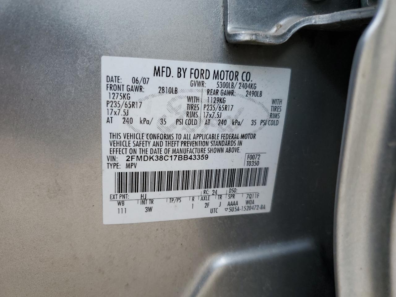 2007 Ford Edge VIN 2FMDK38C17BB43359 Copart auction photo, rear end damage thumbnail 12