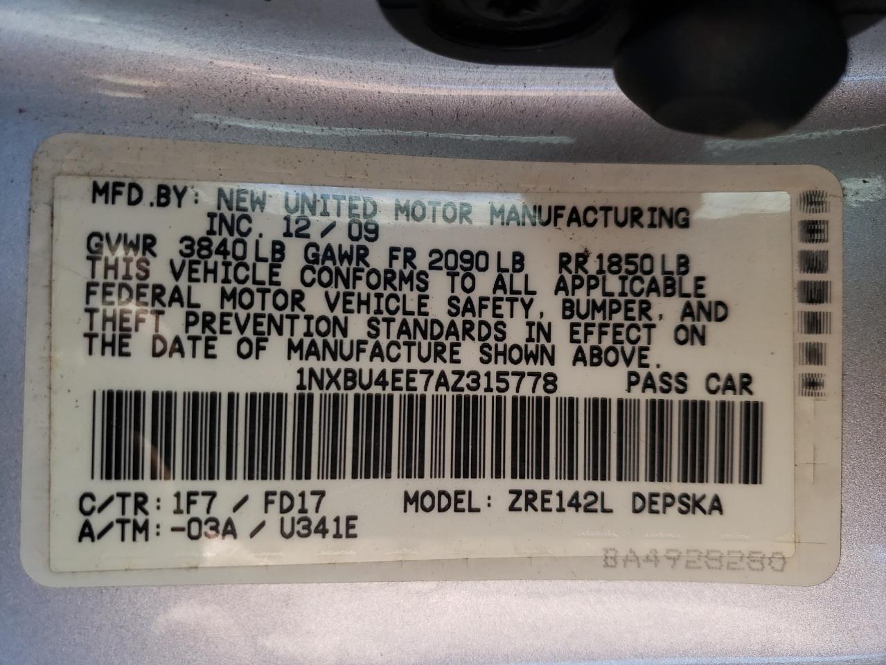 2010 Toyota Corolla VIN 1NXBU4EE7AZ315778 Copart auction photo, side / hail damage thumbnail 12