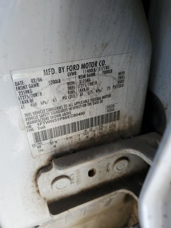 2006 Ford F350 VIN 1FTWW31P86EC80400 Copart auction photo, front end damage thumbnail 12