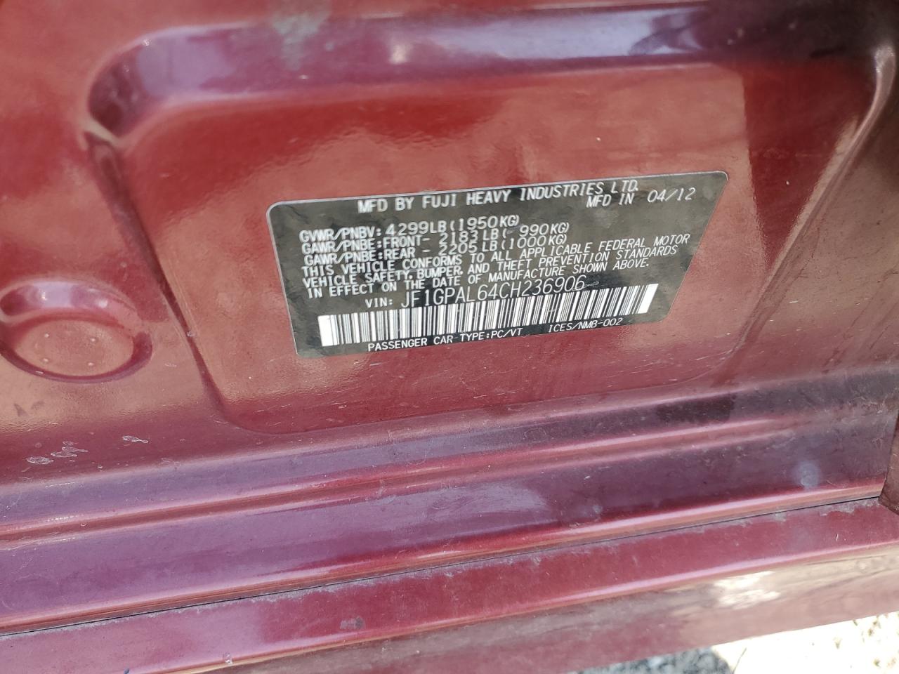 2012 Subaru Impreza VIN JF1GPAL64CH236906 Copart auction photo, rear end damage thumbnail 16