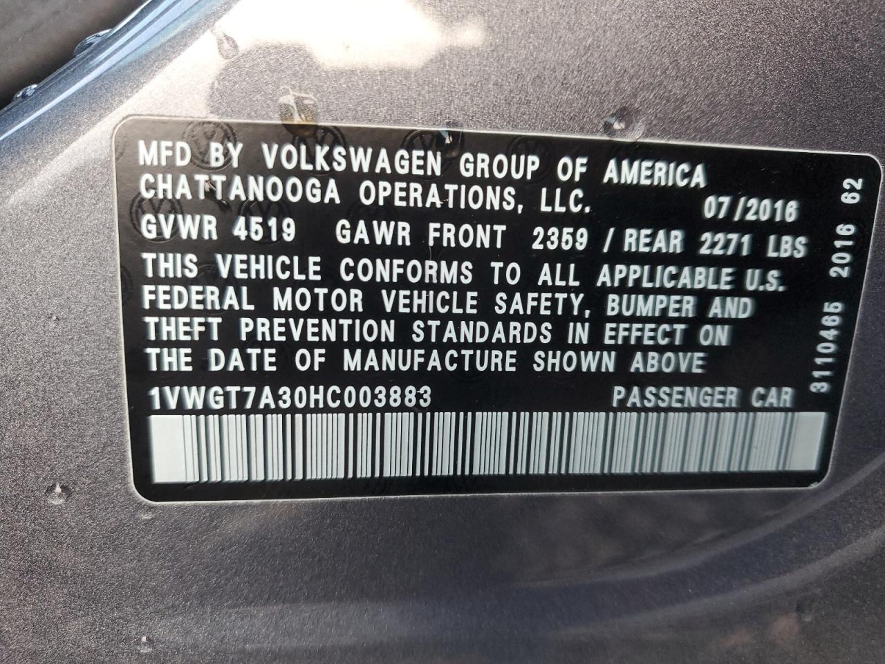 2017 Volkswagen Passat VIN 1VWGT7A30HC003883 Copart auction photo, rear end / undercarriage damage thumbnail 14