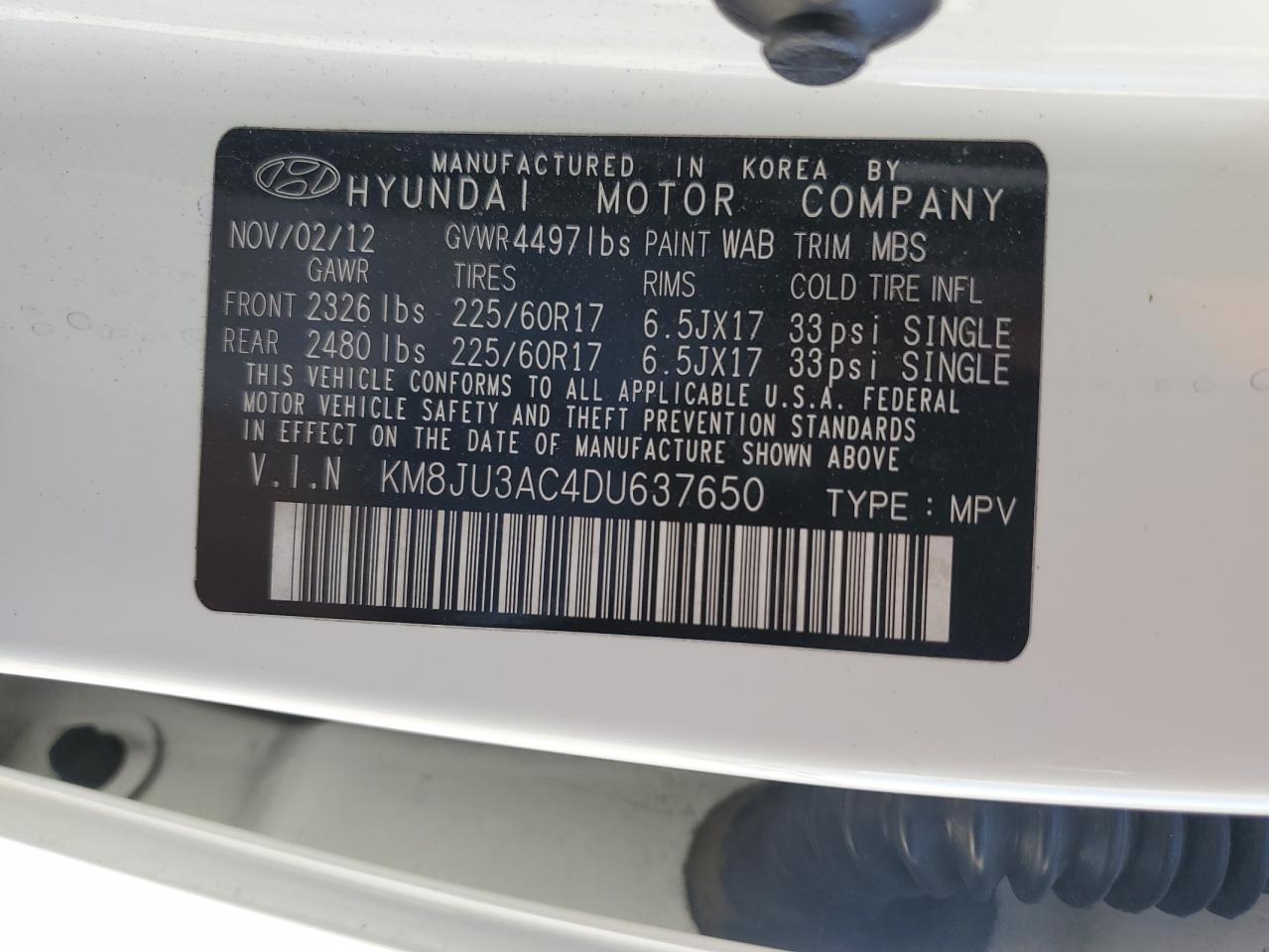 2013 Hyundai Tucson VIN KM8JU3AC4DU637650 Copart auction photo, all over damage thumbnail 13