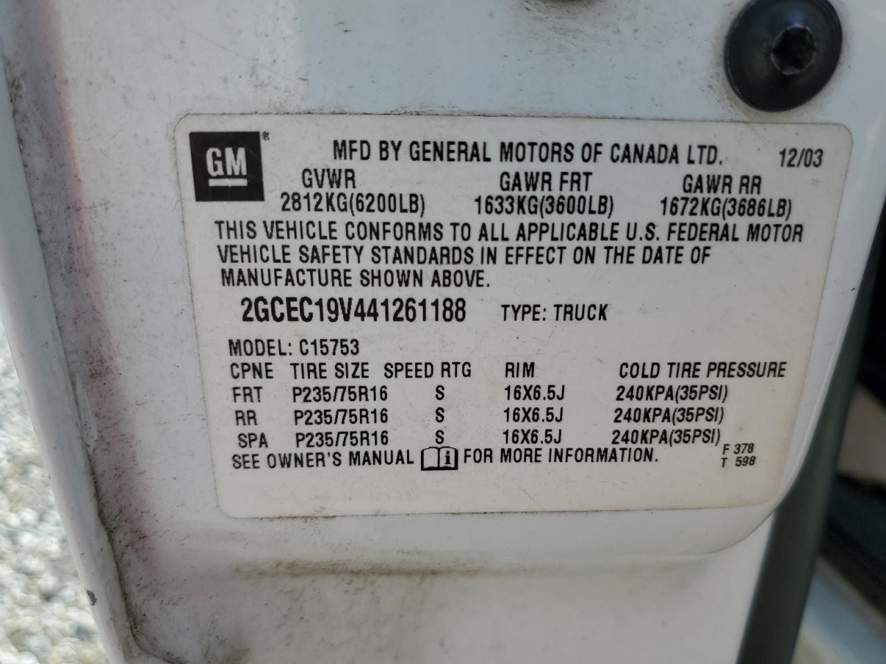 2004 Chevrolet Silverado VIN 2GCEC19V441261188 Copart auction photo, front end / side damage thumbnail 12