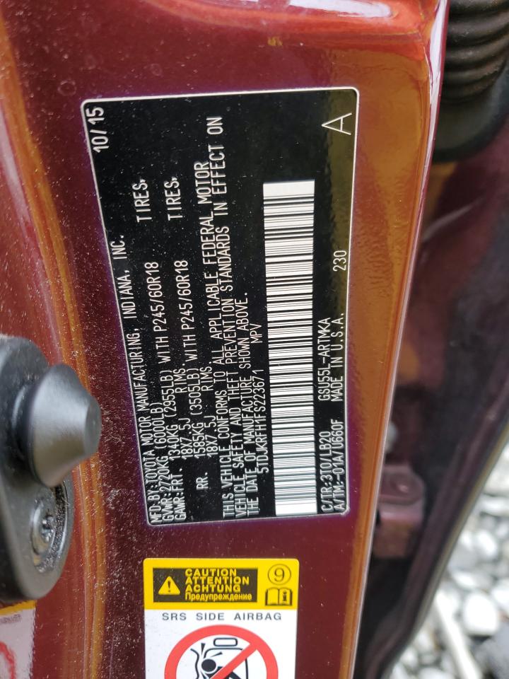 2015 Toyota Highlander VIN 5TDJKRFH1FS223671 Copart auction photo, side damage thumbnail 13