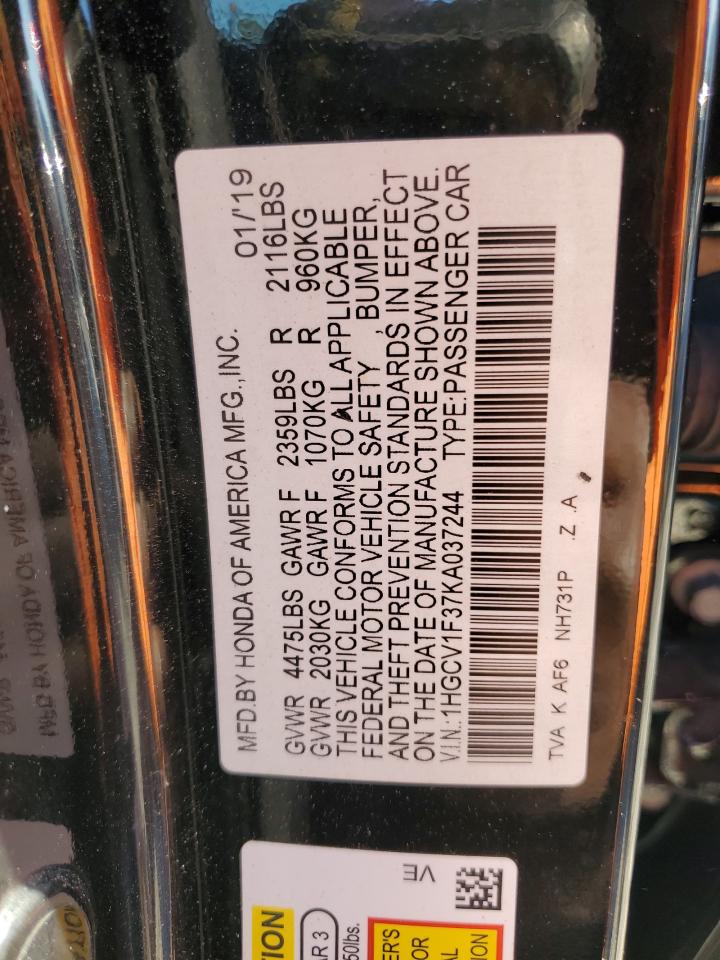 2019 Honda Accord VIN 1HGCV1F37KA037244 Copart auction photo, front end damage thumbnail 12