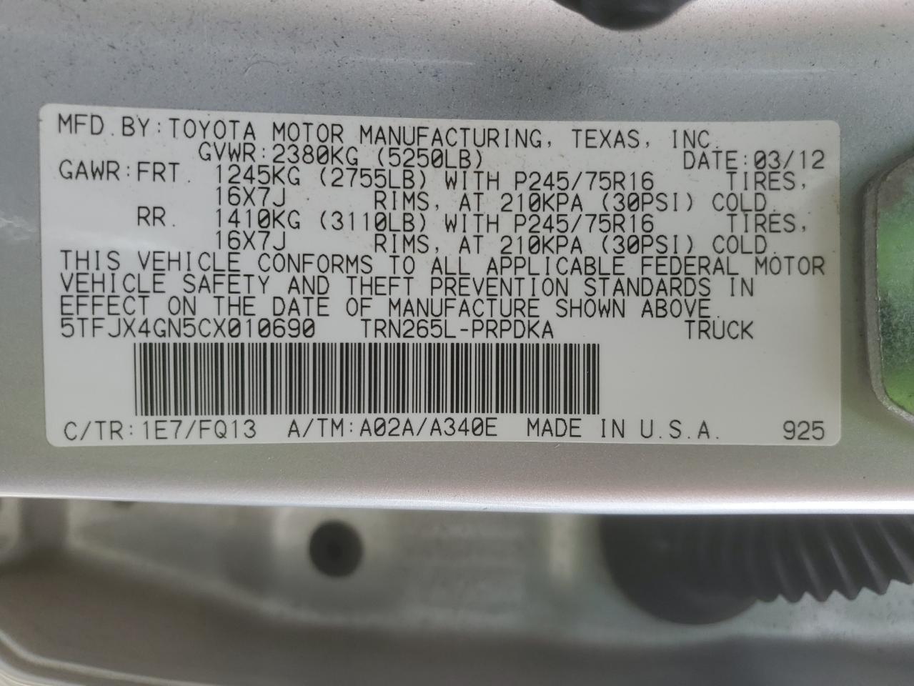2012 Toyota Tacoma VIN 5TFJX4GN5CX010690 Copart auction photo, front end / side damage thumbnail 12