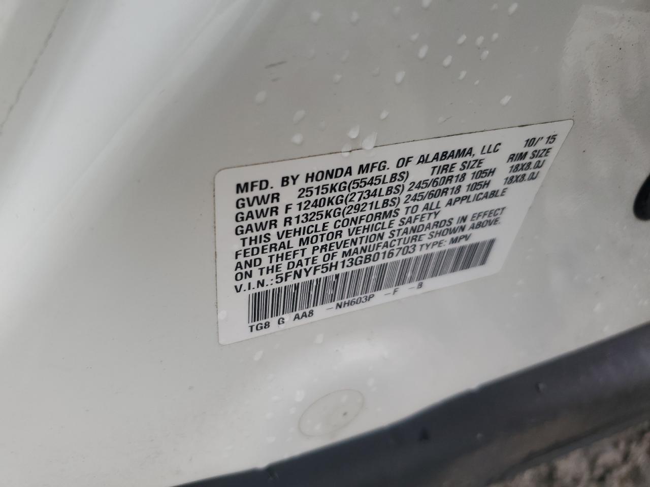 2016 Honda Pilot VIN 5FNYF5H13GB016703 Copart auction photo, undercarriage / front end damage thumbnail 13