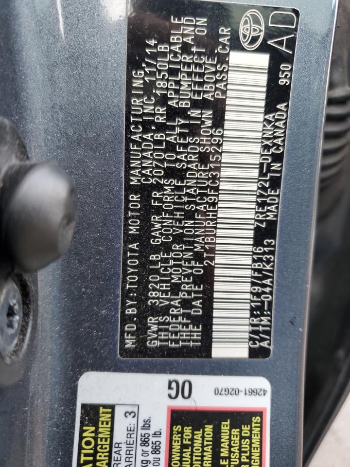 2015 Toyota Corolla VIN 2T1BURHE9FC315296 Copart auction photo, front end / side damage thumbnail 12
