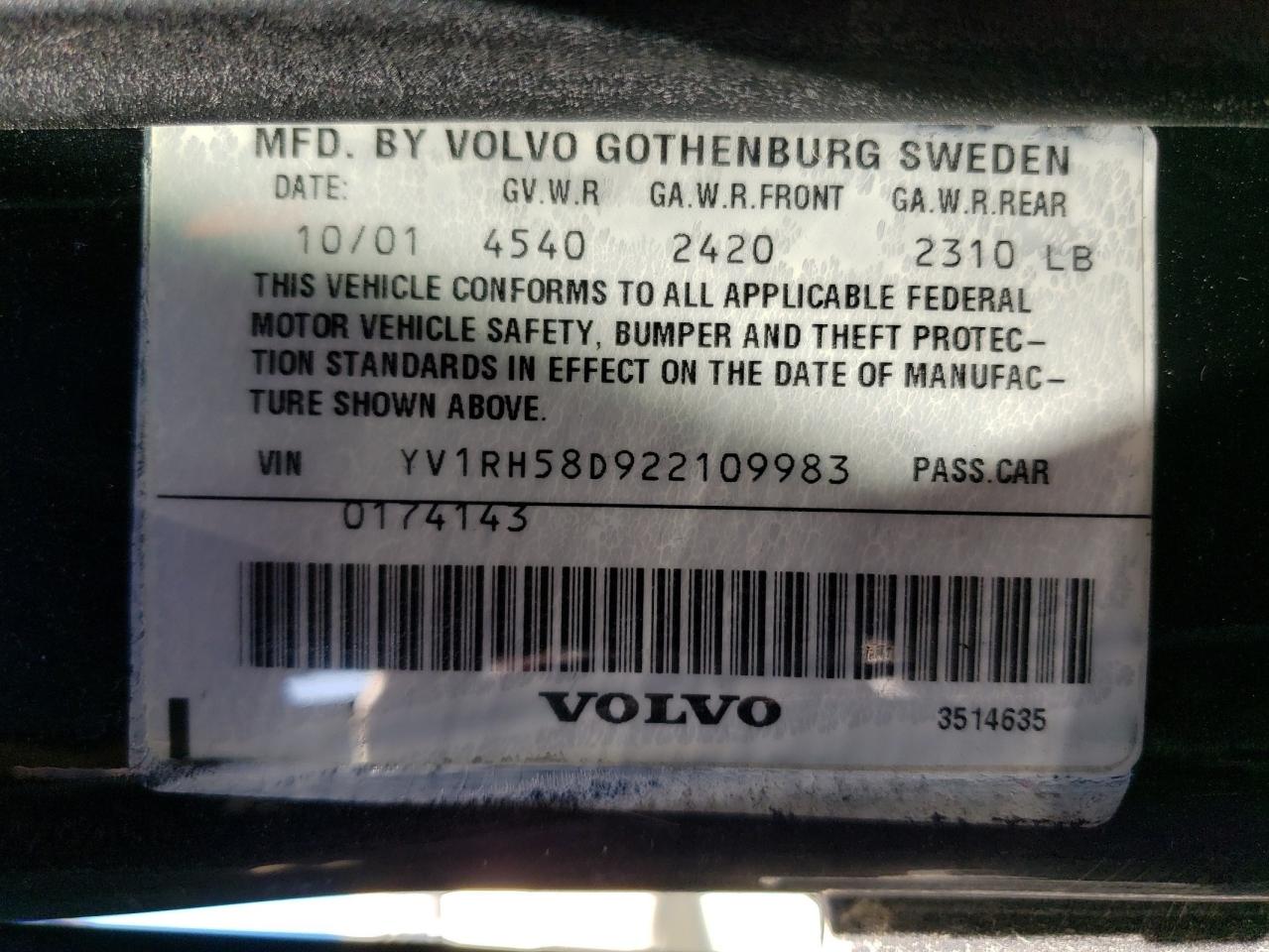 2002 Volvo S60 VIN YV1RH58D922109983 Copart auction photo, front end / hail damage thumbnail 13