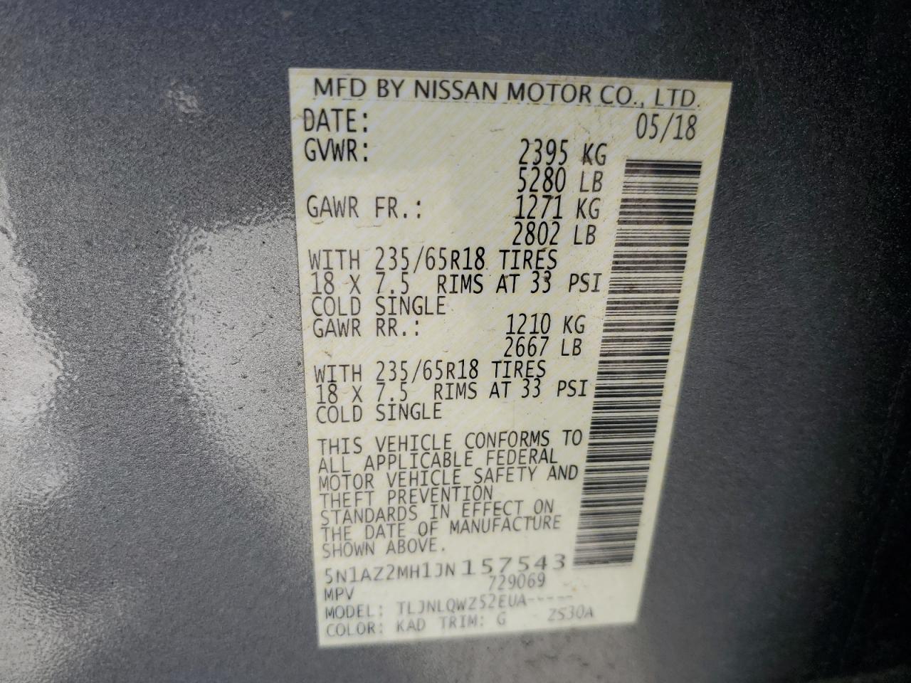 2018 Nissan Murano VIN 5N1AZ2MH1JN157543 Copart auction photo, front end / side damage thumbnail 12