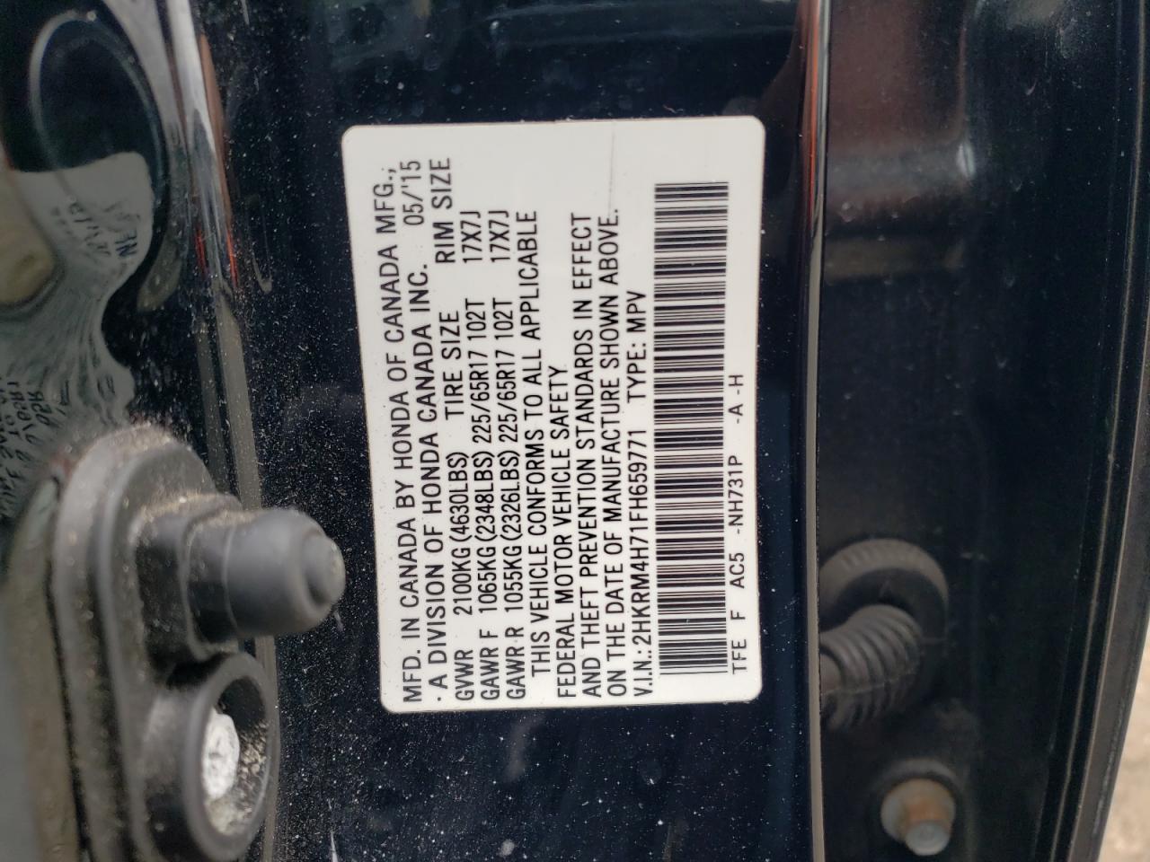 2015 Honda CR-V VIN 2HKRM4H71FH659771 Copart auction photo, rear end damage thumbnail 15