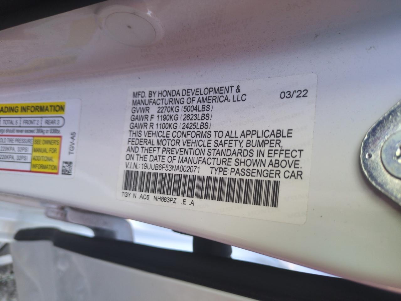 2022 Acura TLX VIN 19UUB6F53NA002071 Copart auction photo, front end / rear end damage thumbnail 12