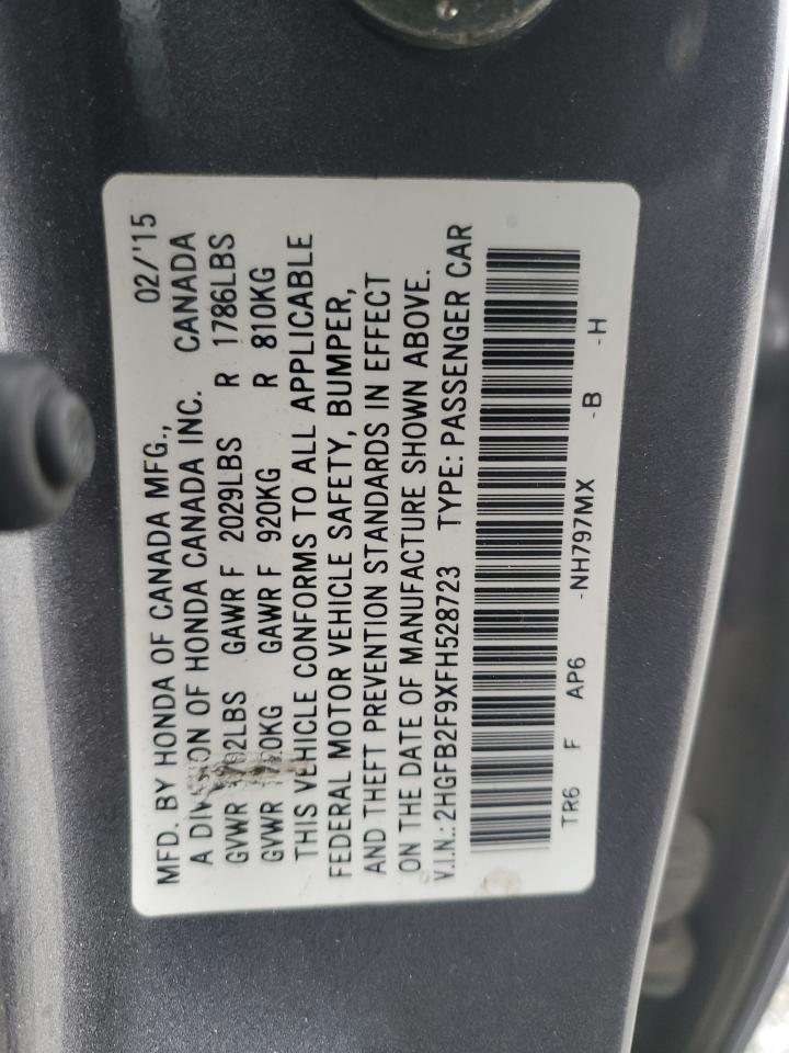 2015 Honda Civic VIN 2HGFB2F9XFH528723 Copart auction photo, front end damage thumbnail 14