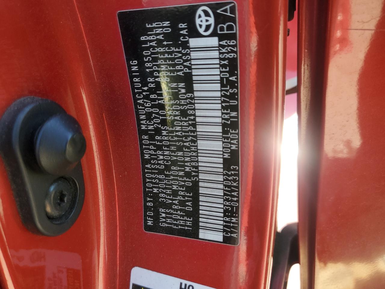 2014 Toyota Corolla VIN 5YFBURHE7EP148029 Copart auction photo, front end damage thumbnail 14