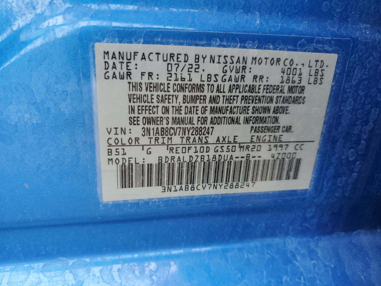 2022 Nissan Sentra VIN 3N1AB8CV7NY288247 Copart auction photo, side / front end damage thumbnail 13