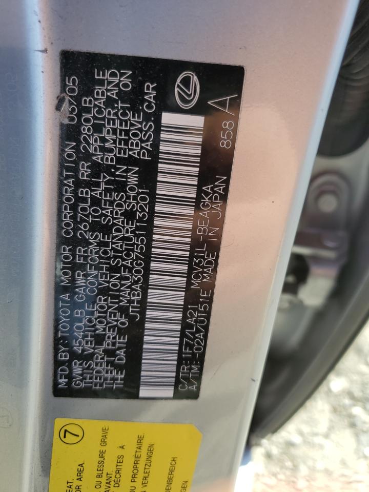 2005 Lexus ES VIN JTHBA30G755113201 Copart auction photo, rear end / minor dent/scratches damage thumbnail 12