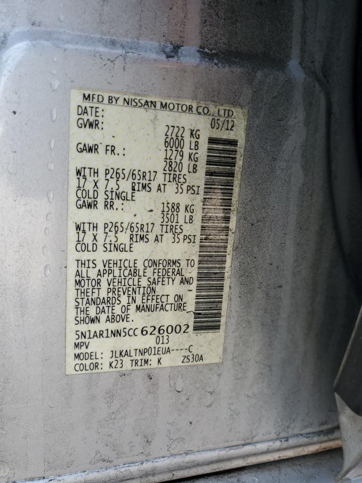 2012 Nissan Pathfinder VIN 5N1AR1NN5CC626002 Copart auction photo, front end damage thumbnail 13