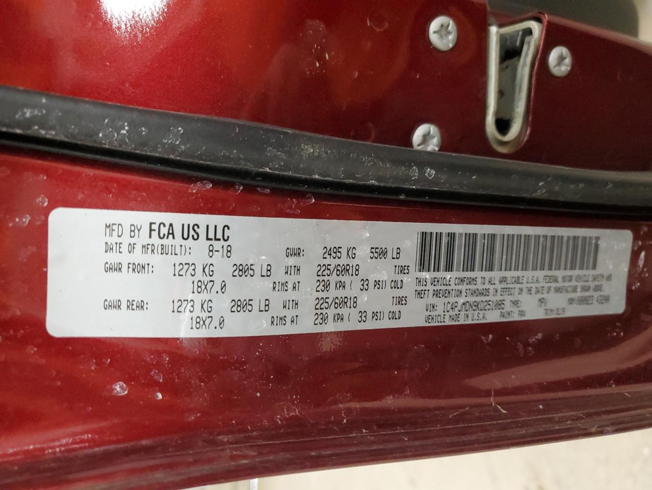 2019 Jeep Grand Cherokee VIN 1C4PJMDN9KD251085 Copart auction photo, side / undercarriage damage thumbnail 16
