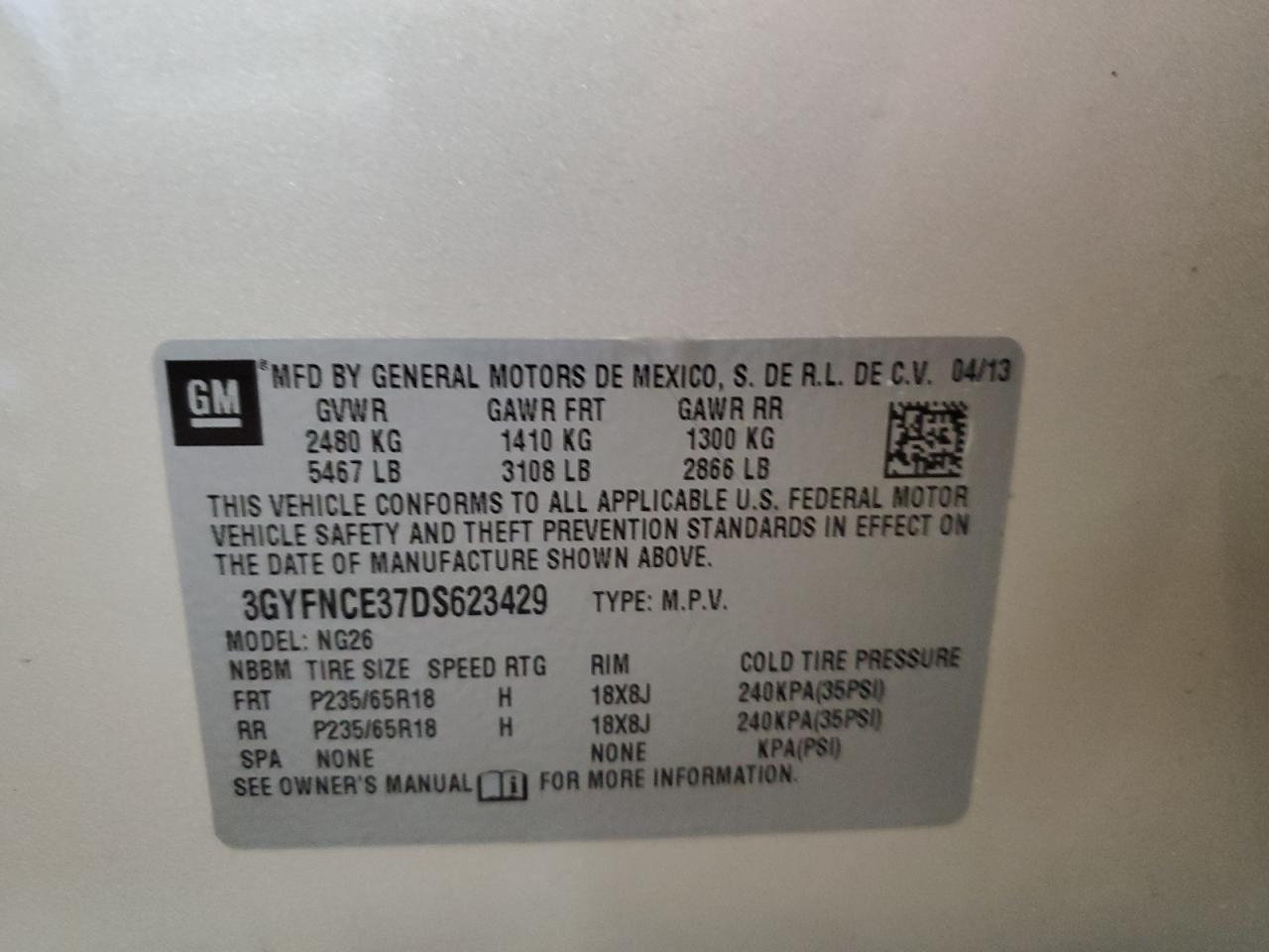 2013 Cadillac SRX VIN 3GYFNCE37DS623429 Copart auction photo, front end / side damage thumbnail 14