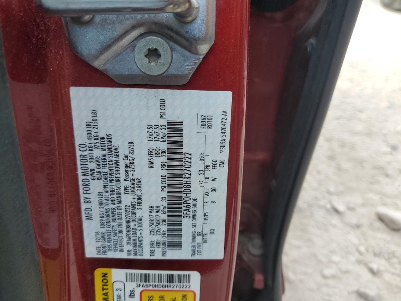 2017 Ford Fusion VIN 3FA6P0HD8HR270222 Copart auction photo, front end damage thumbnail 13