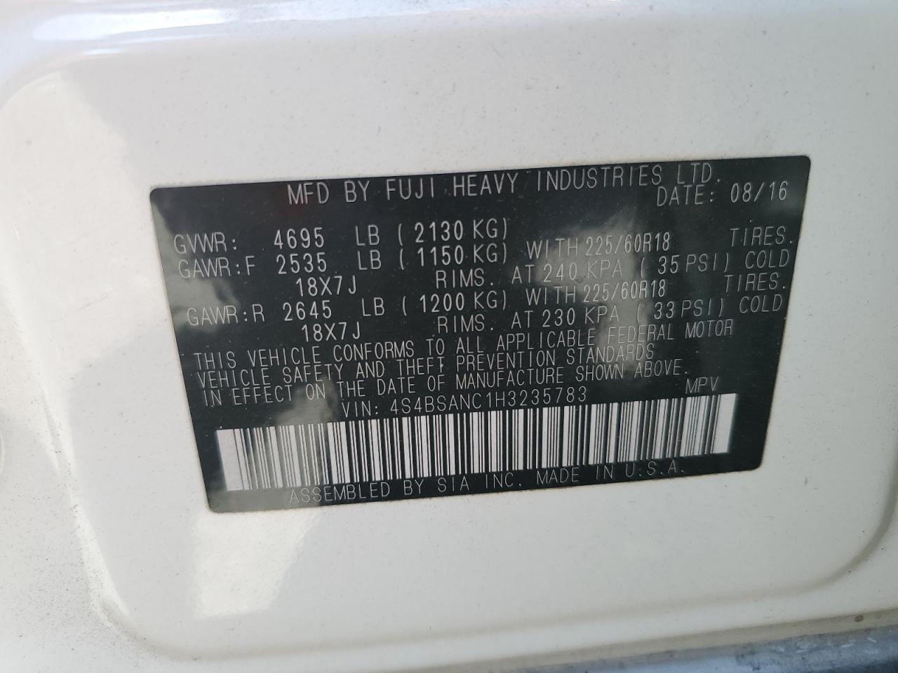 2017 Subaru Outback VIN 4S4BSANC1H3235783 Copart auction photo, all over damage thumbnail 15