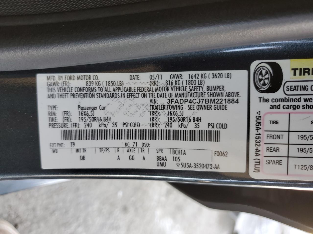 2011 Ford Fiesta VIN 3FADP4CJ7BM221884 Copart auction photo, side / front end damage thumbnail 14