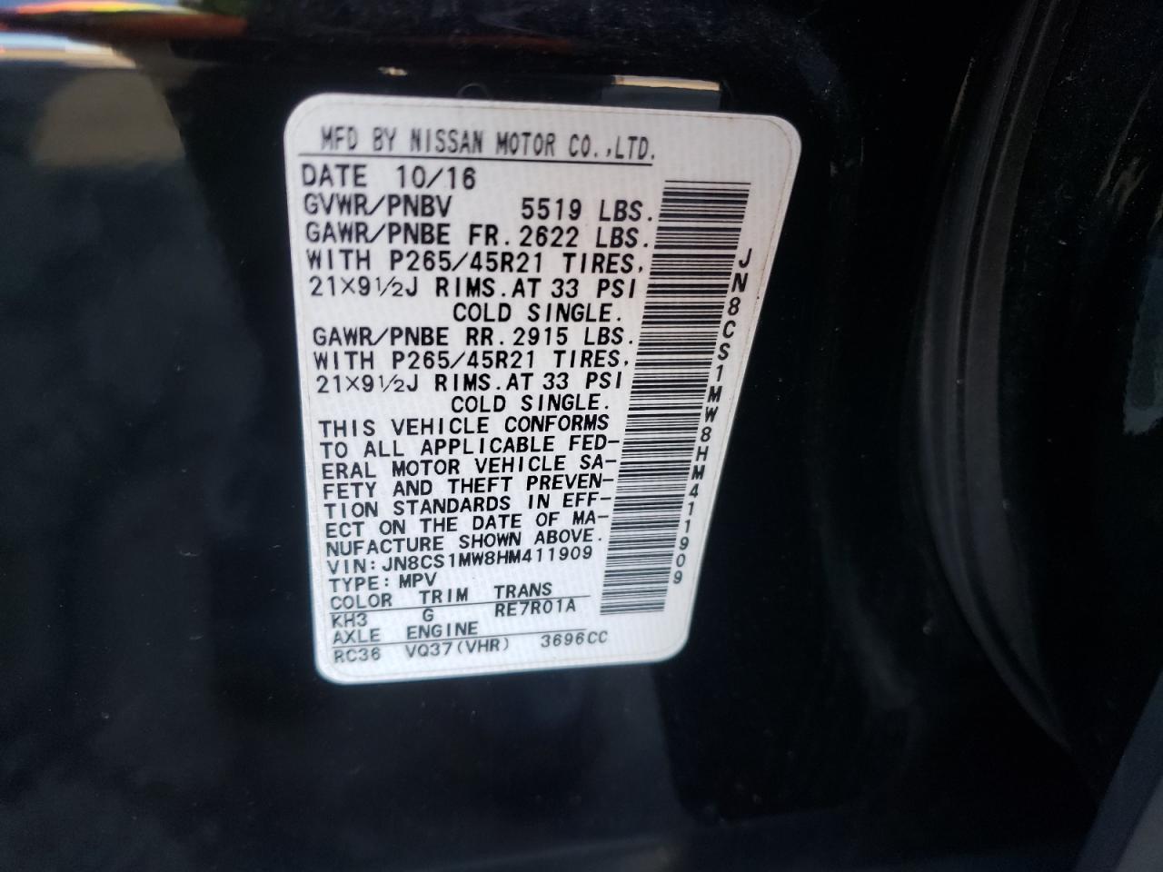 2017 Infiniti QX70 VIN JN8CS1MW8HM411909 Copart auction photo, water/flood / minor dent/scratches damage thumbnail 13