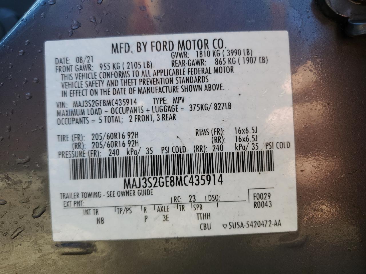 2021 Ford EcoSport VIN MAJ3S2GE8MC435914 Copart auction photo, rear end damage thumbnail 13