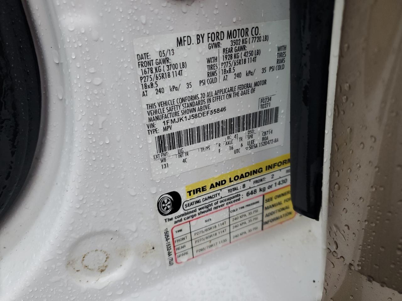 2013 Ford Expedition VIN 1FMJK1J58DEF55846 Copart auction photo, water/flood damage thumbnail 13