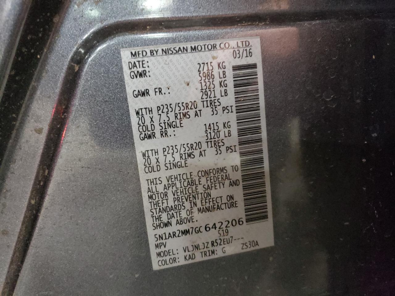 2016 Nissan Pathfinder VIN 5N1AR2MM7GC642206 Copart auction photo, rear end damage thumbnail 13