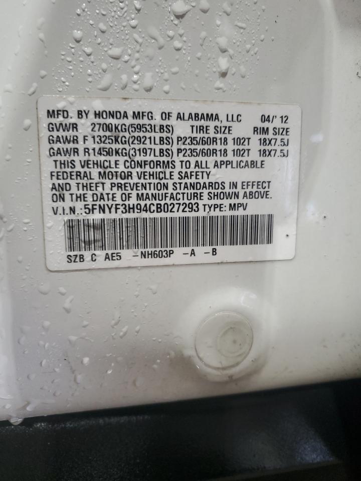 2012 Honda Pilot VIN 5FNYF3H94CB027293 Copart auction photo, side damage thumbnail 13