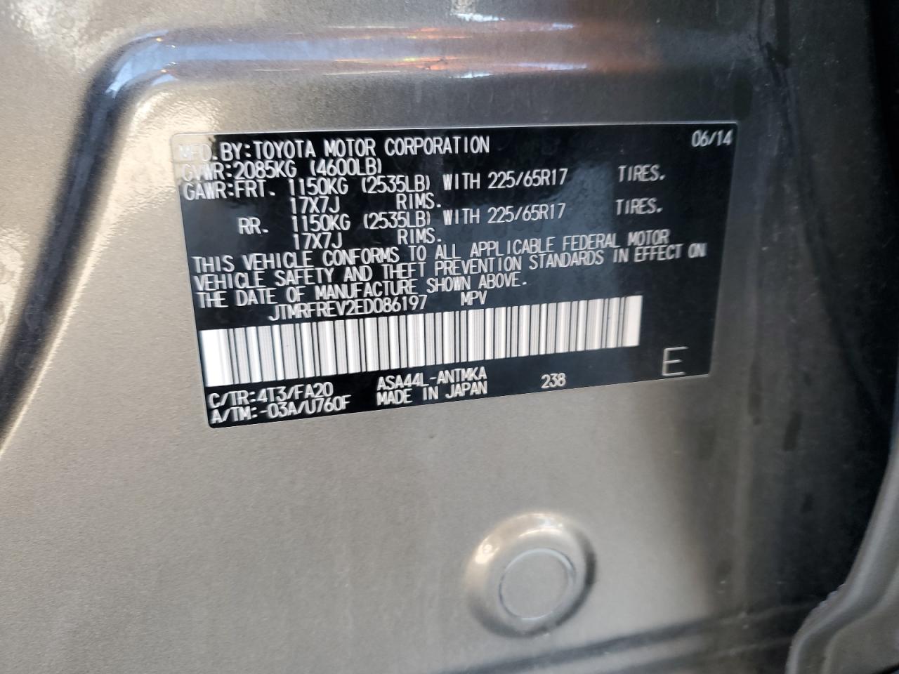 2014 Toyota RAV 4 VIN JTMRFREV2ED086197 Copart auction photo, rear end / front end damage thumbnail 12