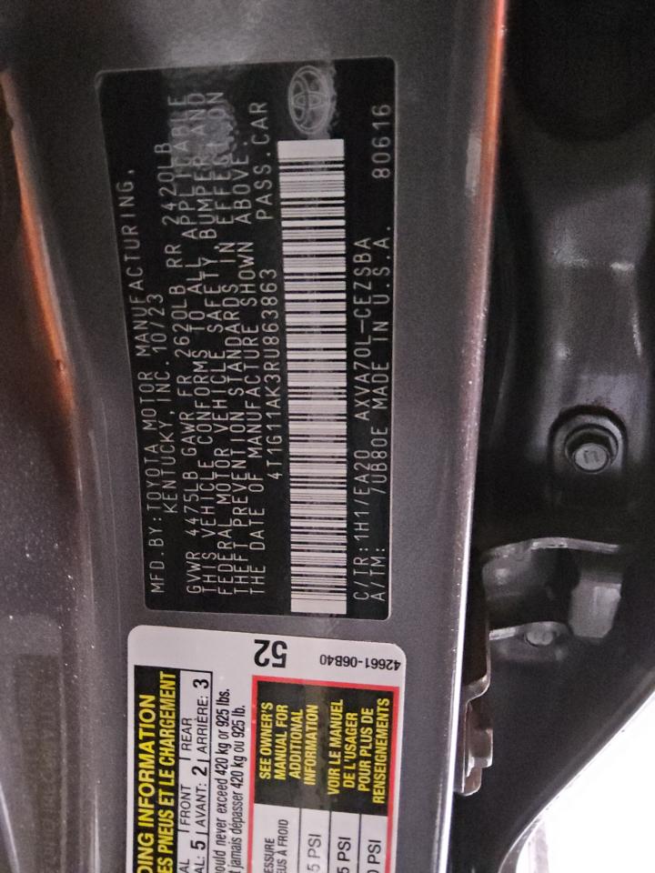 2024 Toyota Camry VIN 4T1G11AK3RU863863 Copart auction photo, front end damage thumbnail 12