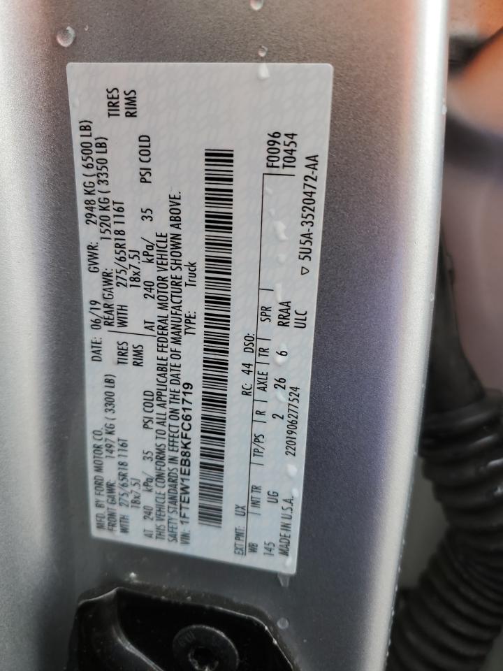 2019 Ford F-150 VIN 1FTEW1EB8KFC61719 Copart auction photo, top/roof damage thumbnail 12
