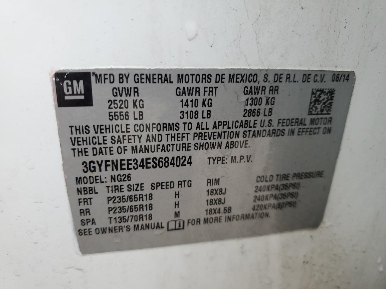 2014 Cadillac SRX VIN 3GYFNEE34ES684024 Copart auction photo, front end damage thumbnail 14